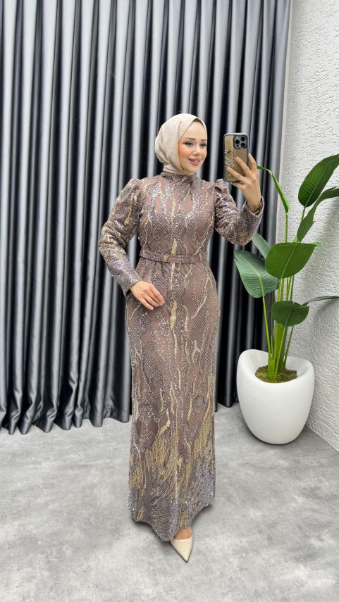 Shine Taşlı Kalem Abiye 6628 Pudra Vizon - YGS (1)