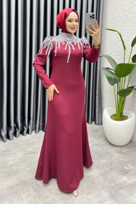 Sofia Pul Detaylı Abiye Elbise 6652 Bordo - 1