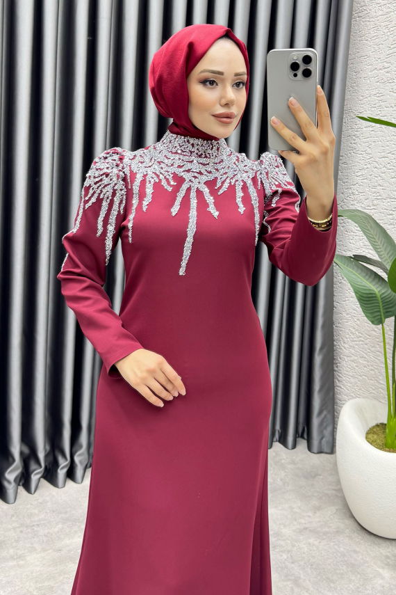 Sofia Pul Detaylı Abiye Elbise 6652 Bordo - YGS (1)