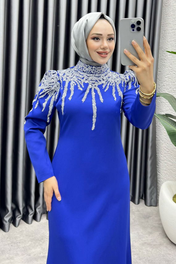 Sofia Pul Detaylı Abiye Elbise 6652 Saks - YGS (1)