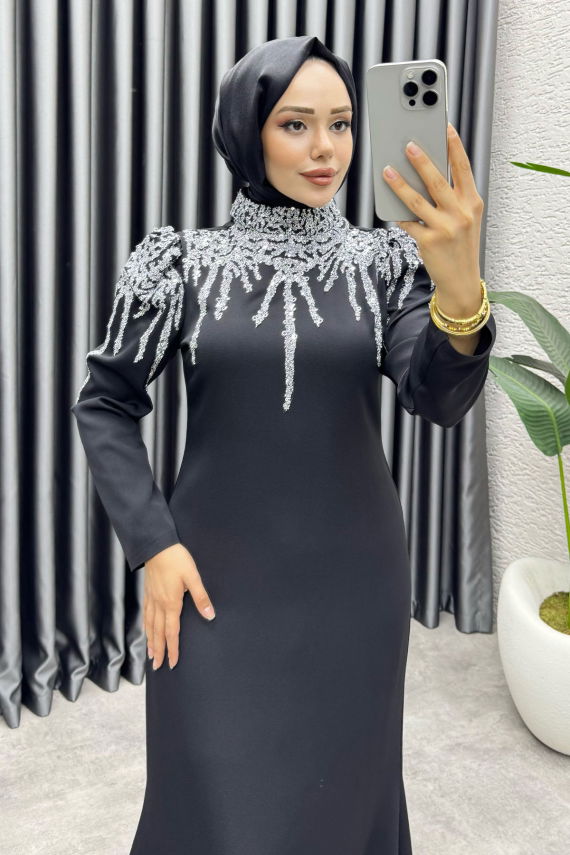 Sofia Pul Detaylı Abiye Elbise 6652 Siyah - YGS (1)
