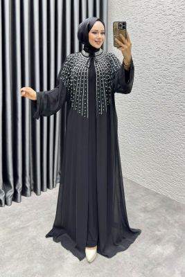 Taş Detaylı Pelerinli Elbise 6634 Siyah - 1