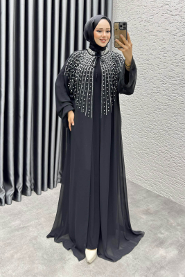 Taş Detaylı Pelerinli Elbise 6634 Siyah - 3