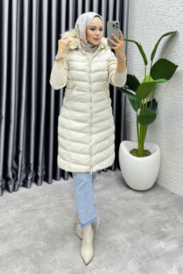 Kapşonu Kürklü Şişme Yelek 3876 Taş - 3